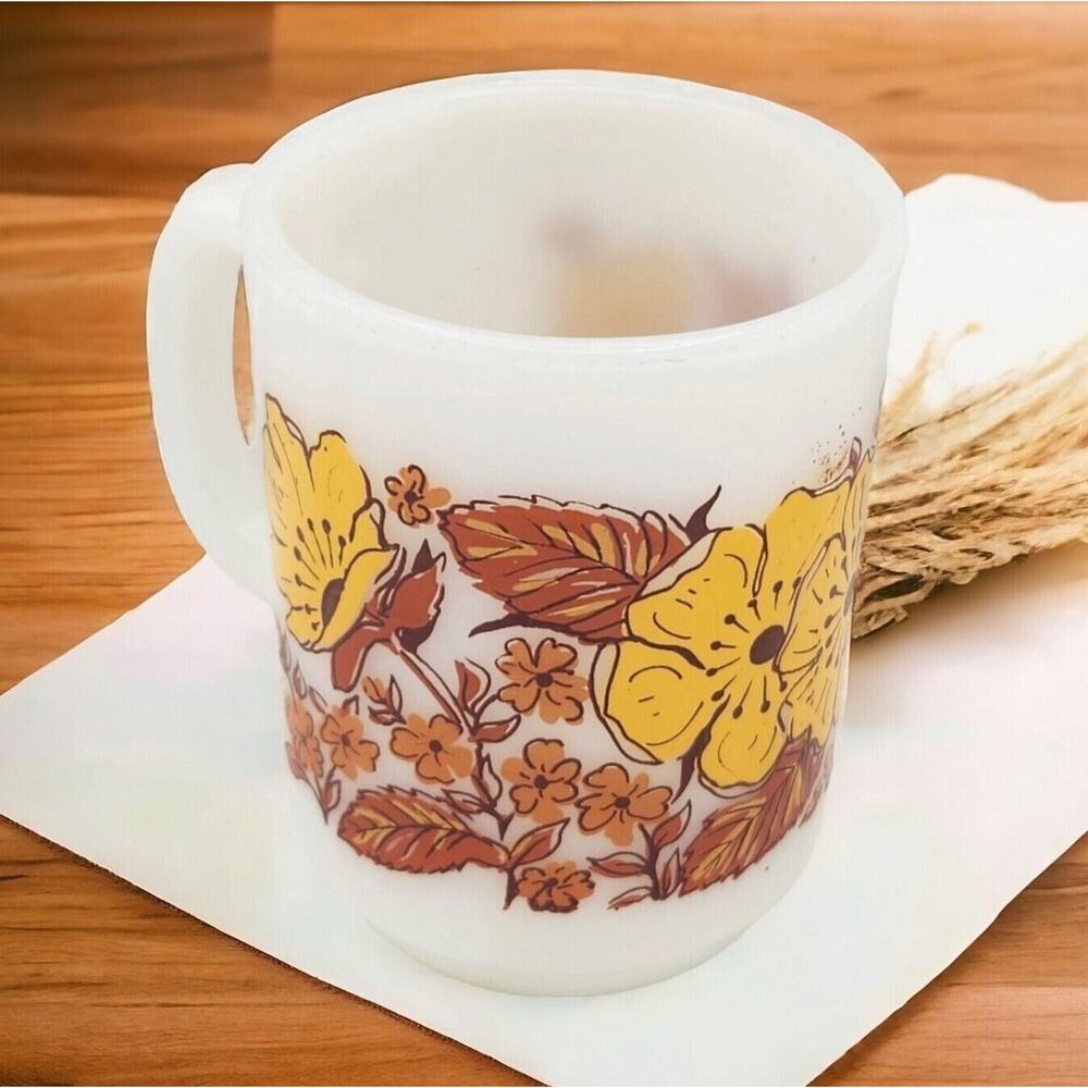 Vintage‎ Fire King Flowers Floral Glass Mug Anchor Hocking USA